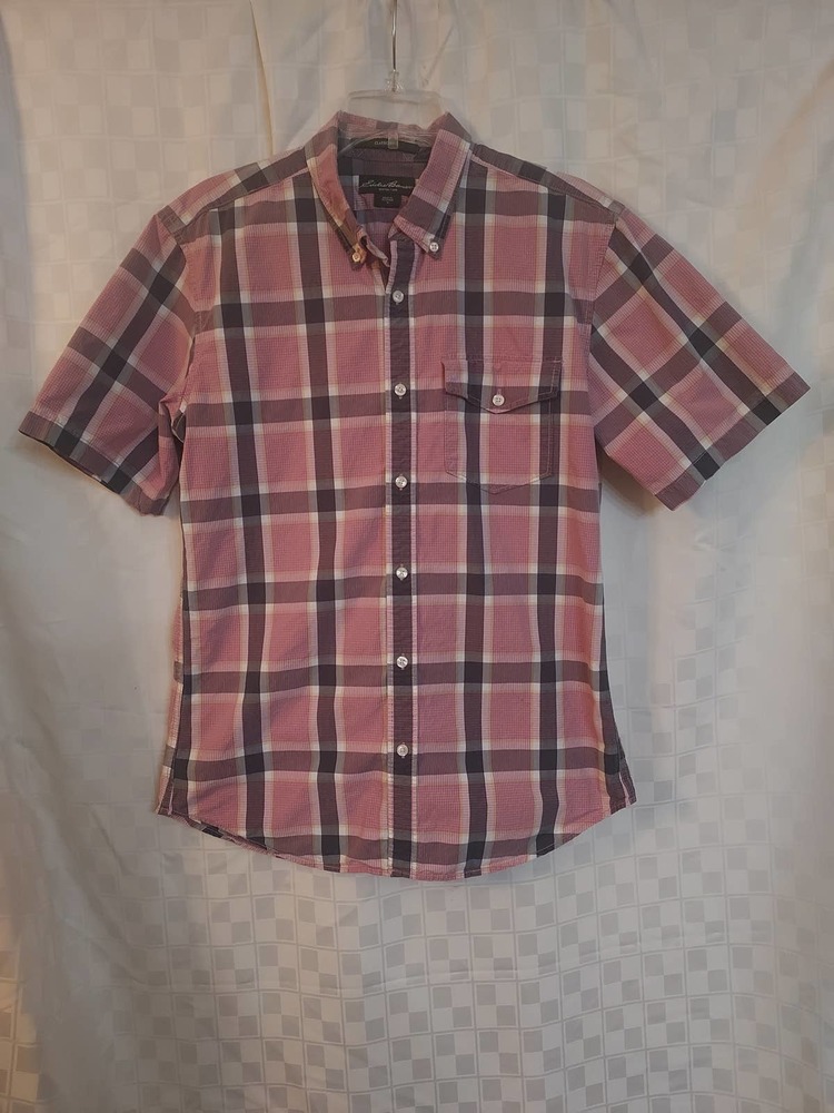 Eddie Bauer Classic Fit Pink/Gray Plaid Summer Shirt. Size M